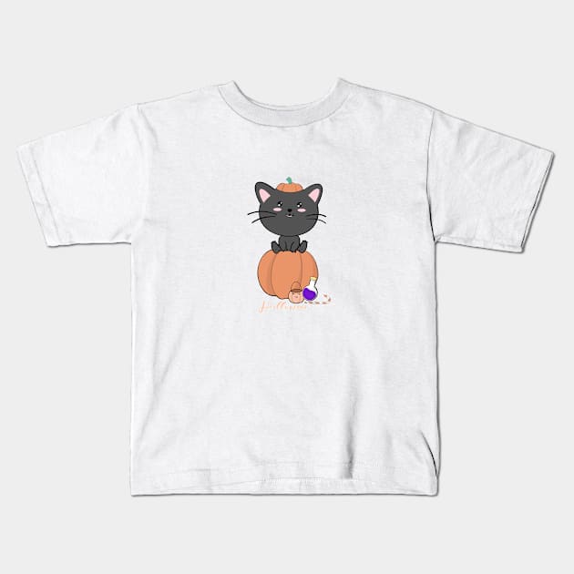 Cute Kawaii Halloween cat Kids T-Shirt by smoochugs